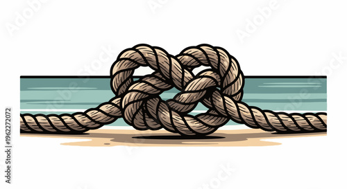 A thick, braided rope is knotted on a sandy beach with calm ocean waves