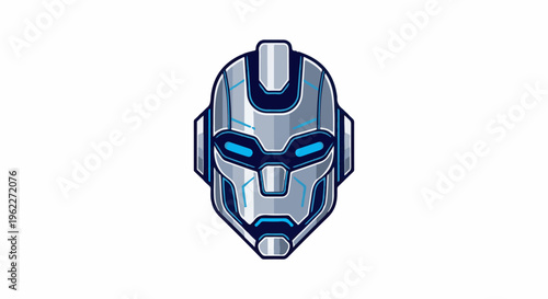 A stylized, pixelated metallic robot head with glowing blue accents