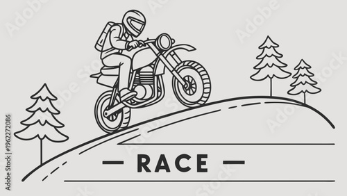 A professional, high-resolution minimalist vector icon of a HEAVYBIKE riding on a road, isolated on a light grey background. The design features a simple black line-art illustration of a heavy bike vi