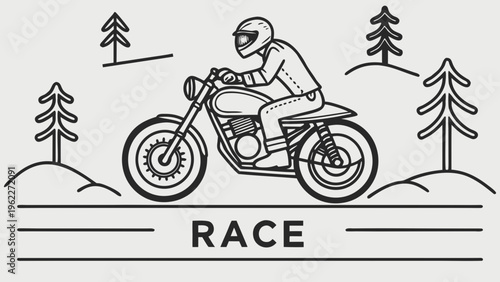 A professional, high-resolution minimalist vector icon of a HEAVYBIKE riding on a road, isolated on a light grey background. The design features a simple black line-art illustration of a heavy bike vi