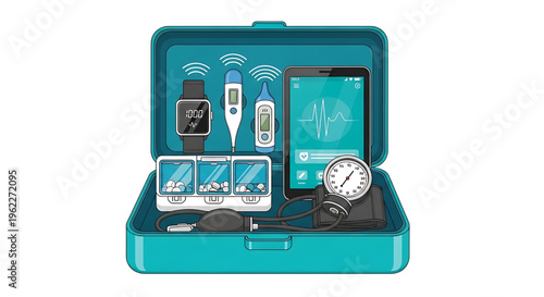 A vector graphic illustration of a teal medical kit with various health monitoring devices and a smartphone inside.