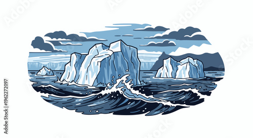 A stylized pixel art scene of icebergs floating in dark, choppy ocean waters