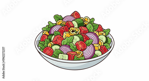 A vibrant, stylized bowl overflows with fresh, chopped salad ingredients