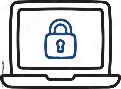 Digital security concept represented by a laptop computer displaying a prominent blue padlock icon on its screen symbolizing data protection and online privacy rendered in a clean modern line art