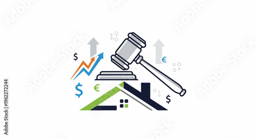 Auction gavel over stylized house with upward trending graphs and currency symbols