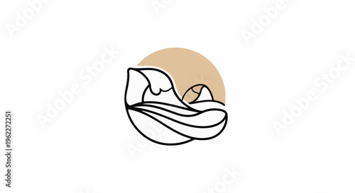 Abstract linear illustration of waves and mountains with a tan sun disk