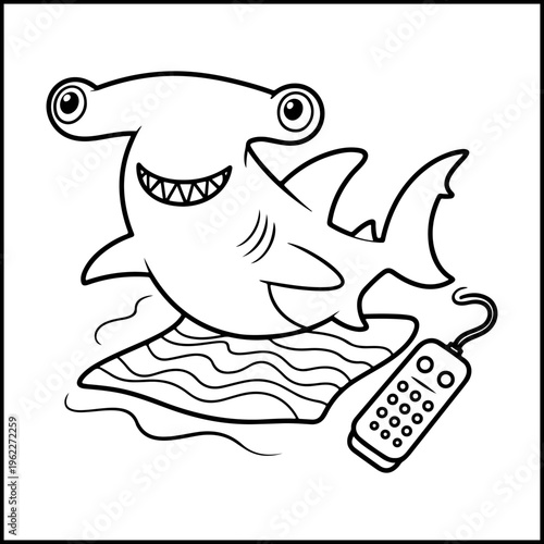 Cute shark holding phone underwater ocean waves comfy coloring page flat design vector illustration