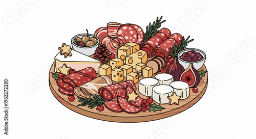 Abundant festive charcuterie board with meats, cheeses, olives, figs, and berries