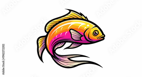 A vibrant, stylized fish with golden scales and pink fins swims gracefully