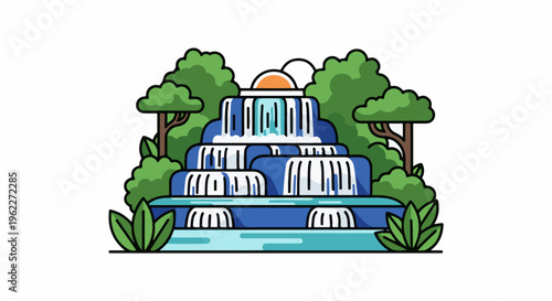 A stylized, multi-tiered waterfall cascades amidst lush green trees and foliage
