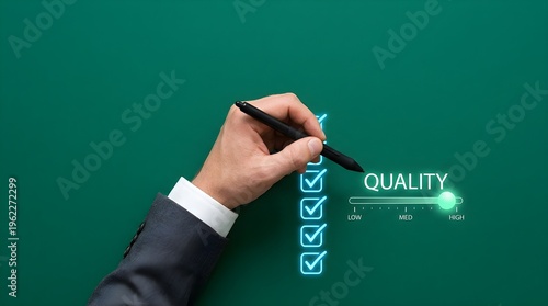 Caucasian Male Holding Black Stylus Adjusting Quality Slider Mint Green Button Close-Up Eye-Level Background Clean High-Resolution Minimalist Emerald Surface suit