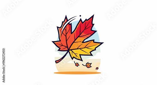 A stylized maple leaf in fall colors descends gently from the sky