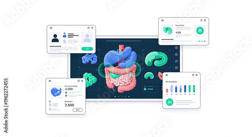 A medical professional analyzing a human digestive system on a digital tablet with various health metrics displayed on surrounding devices