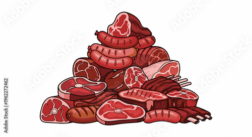 Abundant pile of assorted raw meats and sausages, artistically rendered