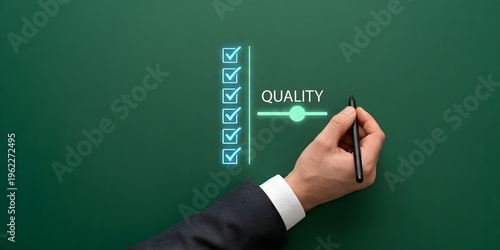 Caucasian Male Pressing Slider Button Quality Control Close-Up Deep Emerald Green Background Cinematic Resolution Minimalist Professional Aesthetic eye-level suit