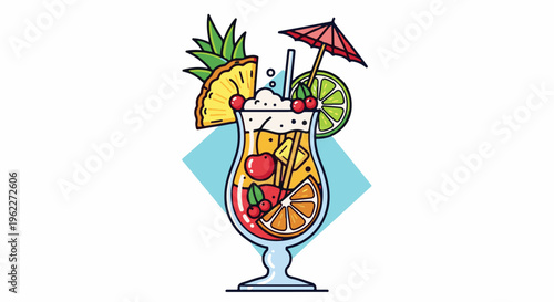 A vibrant tropical cocktail in a tall glass with fruit, umbrella, and straw