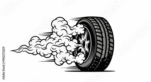 A tire is spinning at high speed, leaving a trail of smoke