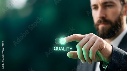 Caucasian Male Operating Slider Button Conveying Quality Deep Emerald Green Bokeh Background High-Resolution Eye-Level Close-Up in Charcoal Grey Suit