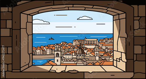 Ancient stone window framing a view of a European coastal city and blue sea