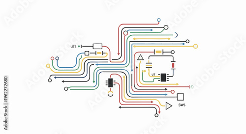 Abstract network of colorful, directional circuit pathways and components