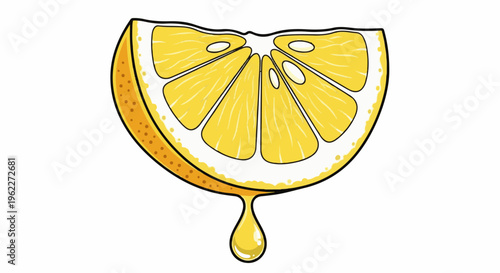 A vibrant yellow lemon slice with a single drop of juice falling below