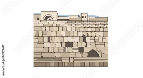 Ancient stone wall with arched structure and sky backdrop