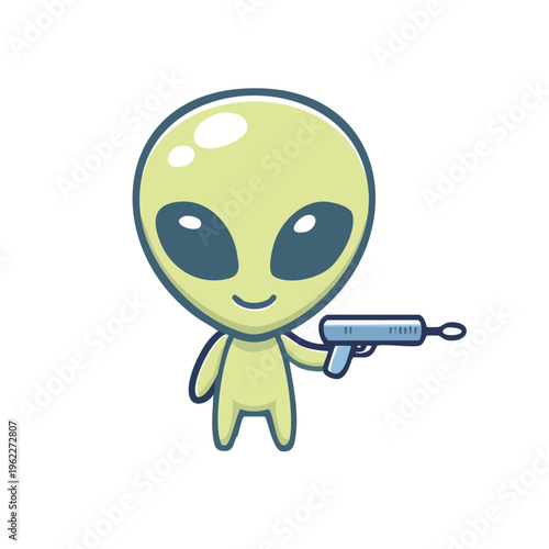 A friendly Alien character holding a futuristic ray gun. It has a cheerful expression