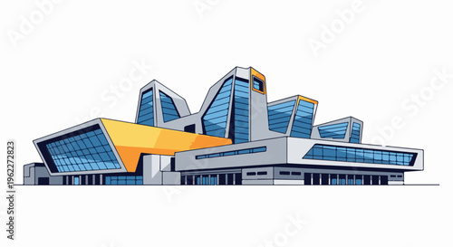 Abstract, modern architectural design of a multi-faceted building with glass