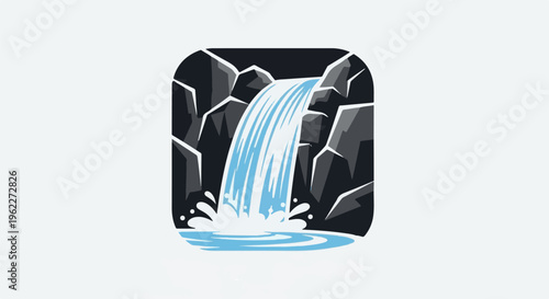 A stylized waterfall cascades down dark rocks into a pool of water