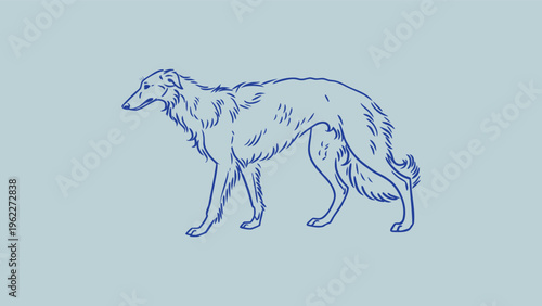 Minimalist Blue Line Art Borzoi Illustration - Hand Drawn Russian Wolfhound Sighthound Vector Portrait