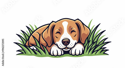 Adorable beagle puppy peacefully sleeping nestled in green grass