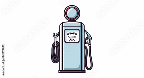 A stylized vintage gasoline pump, light blue, with hose