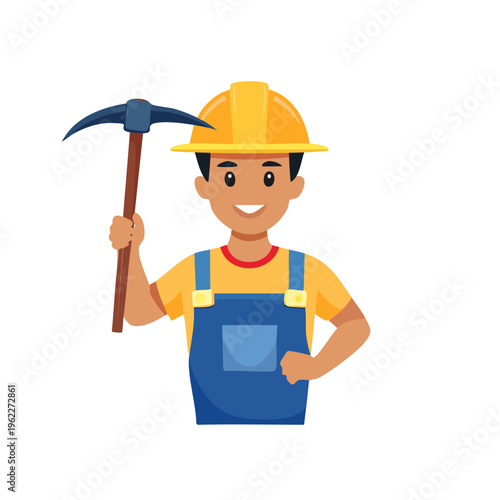 A Construction worker is holding a pickaxe in his hand, ready to work. A construction worker is wearing a safety helmet and construction work suit