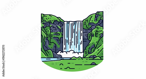 A stylized, vibrant waterfall cascades down green, rocky cliffs into a serene pool