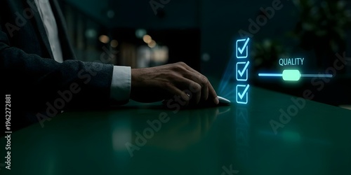 Caucasian Male Wearing Suit Adjusting Quality Slider Button Eye-Level Close-Up Holographic Interface Sunlit Minimalist Home Office Background resolution