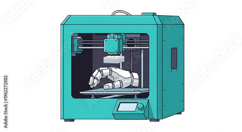 A teal-colored 3D printer with a robotic arm inside, creating a futuristic industrial design