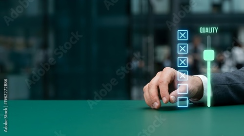 Caucasian Male in Suit Interacting with Slider Button for Quality Adjustment Eye-Level Close-Up Background Deep Emerald Green Minimalist Home Office Environment resolution