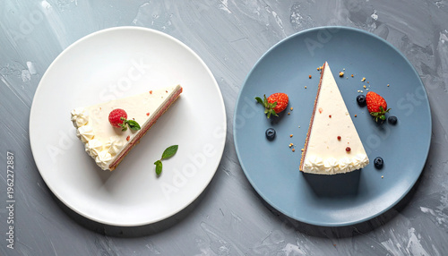 Top view of two delicious cheesecake slices with fresh berries on white and blue plates.