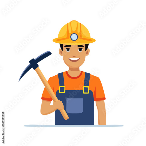 A construction worker stands tall, holding a pickaxe