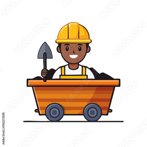 A miner is sitting in a mine cart. The miner holding a shovel in his hand and he is in mine cart, with dirt around him