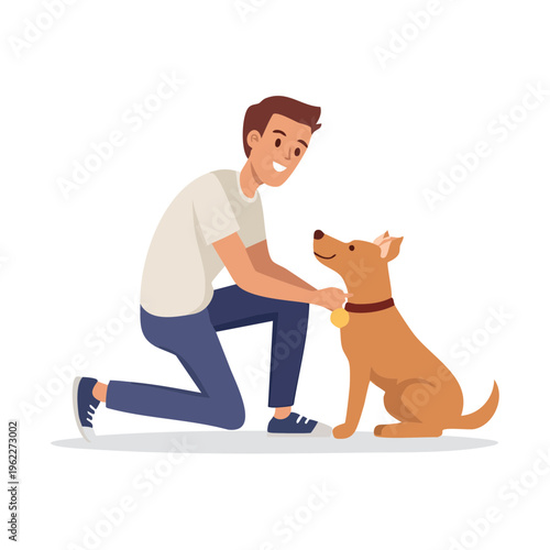 A man kneeling in front of a dog and putting a medal on it. The man has a smile on his face, indicating joy and affection towards the dog