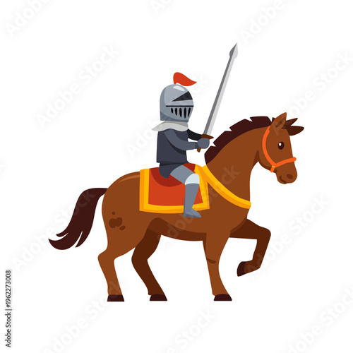 A brave knight riding a horse, holding his sword