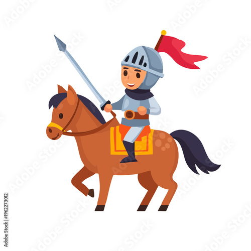 A brave knight riding a horse. The knight wears armor and holds a lance, and the horse is brown. 