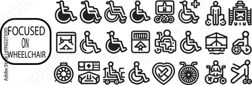  focused on wheelchair and accessibility themes, designed in a clean linear style with consistent editable strokes. Inclusive vector collection suitable for healthcare, mobility, and universal access 