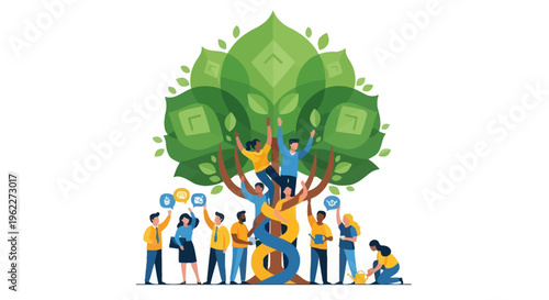 Diverse Team Collaborating for Growth and Innovation around a Sustainable Community Tree