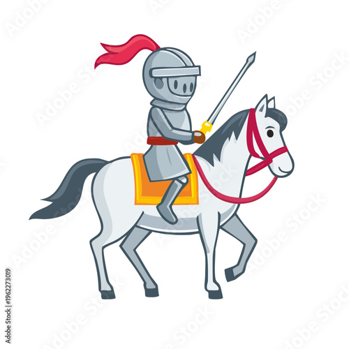 A medieval knight, fully armored, riding a white horse and holding a sword