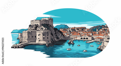 Ancient walled city by the sea with boats in the harbor