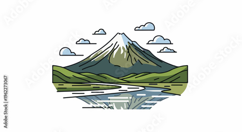 A stylized, snow-capped mountain dominates the center, reflecting in calm water below