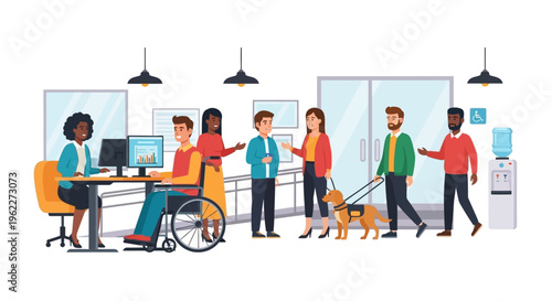 Inclusive & Diverse Workplace: Professionals of All Abilities Collaborating in a Modern Office. Teamwork, Accessibility, and Disability Inclusion Concept Vector.