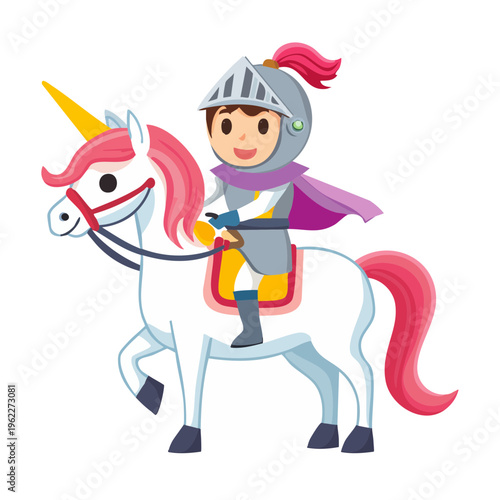 A cartoon knight rides a majestic unicorn, an emblem of bravery and imagination